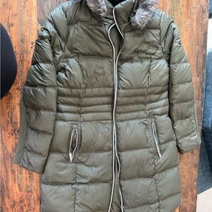 BCBGeneration Dark Green Puffer Coat with Faux Fur Trim